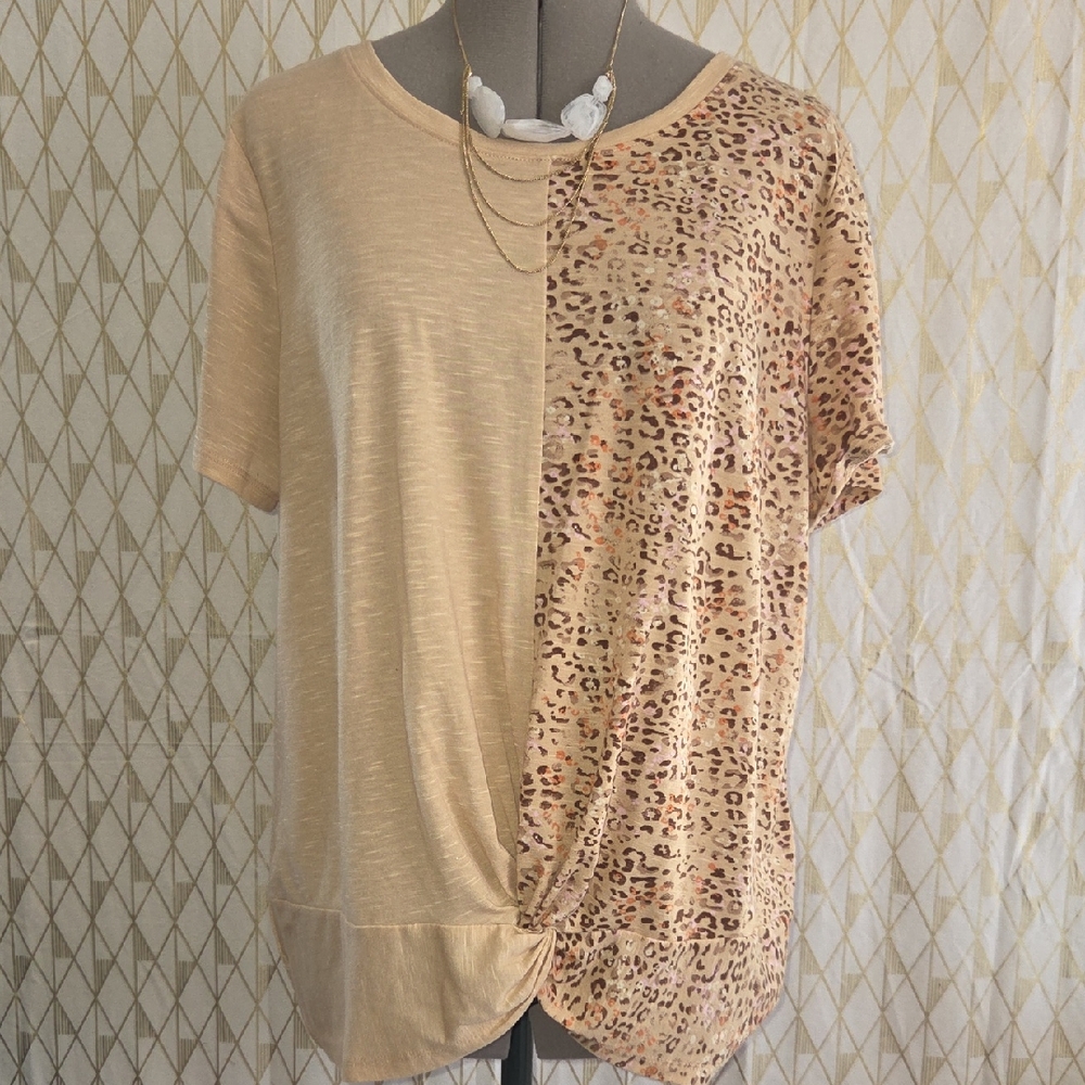 Cato Beige Leopard-Print Split Knot Short Sleeve Top